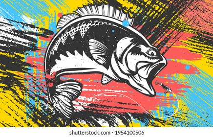 Fishing bass logo. Bass fish with rod club emblem. Fishing theme illustration. Fish Isolated on white.