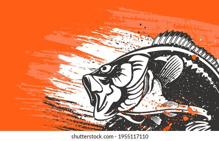 Fishing bass logo. Bass fish with rod club emblem. Fishing theme illustration. Fish Isolated on white.