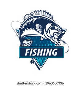 Fishing bass logo. Bass fish with rod club emblem. Fishing theme illustration. Fish Isolated on white.