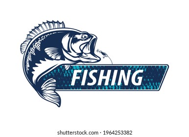 Fishing bass logo. Bass fish with rod club emblem. Fishing theme illustration. Fish Isolated on white.