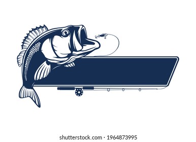 Fishing bass logo. Bass fish with rod club emblem. Fishing theme illustration. Fish Isolated on white.