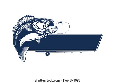 Fishing bass logo. Bass fish with rod club emblem. Fishing theme illustration. Fish Isolated on white.