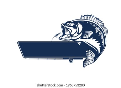 Fishing bass logo. Bass fish with rod club emblem. Fishing theme illustration. Fish Isolated on white.
