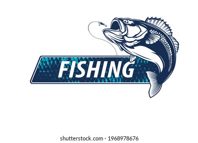 Fishing bass logo. Bass fish with rod club emblem. Fishing theme illustration. Fish Isolated on white.