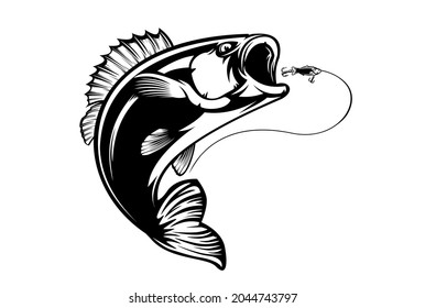 Fishing bass logo. Bass fish with rod club emblem. Fishing theme illustration. Fish Isolated on white.