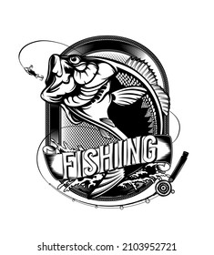 Fishing bass logo. Bass fish with rod club emblem. Fishing theme illustration. Fish Isolated on white.