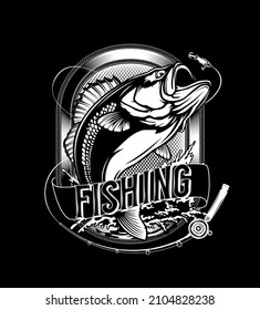 Fishing bass logo. Bass fish with rod club emblem. Fishing theme illustration. Fish Isolated on white.