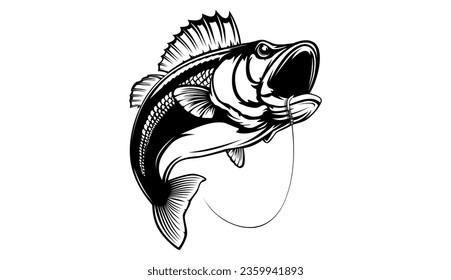 Fishing bass logo. Bass fish with rod club emblem. Fishing theme illustration. Fish Isolated on white.