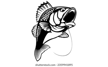 Fishing bass logo. Bass fish with rod club emblem. Fishing theme illustration. Fish Isolated on white.