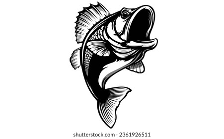 Fishing bass logo. Bass fish with rod club emblem. Fishing theme illustration. Fish Isolated on white.