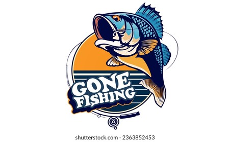 Fishing bass logo. Bass fish with rod club emblem. Fishing theme illustration. Fish Isolated on white.