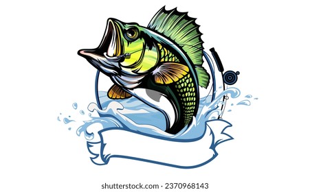 Fishing bass logo. Bass fish with rod club emblem. Fishing theme illustration. Fish Isolated on white.