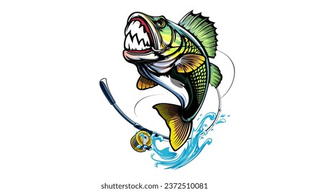 Fishing bass logo. Bass fish with rod club emblem. Fishing theme illustration. Fish Isolated on white.