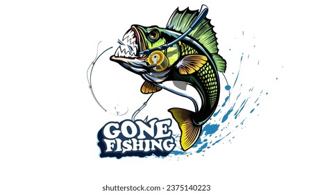 Fishing bass logo. Bass fish with rod club emblem. Fishing theme illustration. Fish Isolated on white.