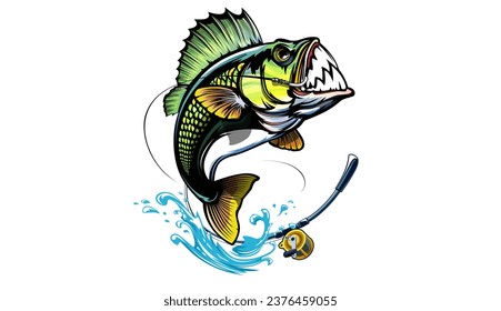 Fishing bass logo. Bass fish with rod club emblem. Fishing theme illustration. Fish Isolated on white.