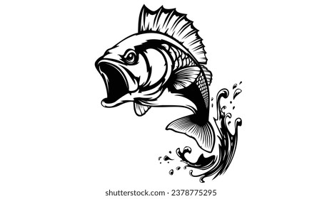 Fishing bass logo. Bass fish with rod club emblem. Fishing theme illustration. Fish Isolated on white.