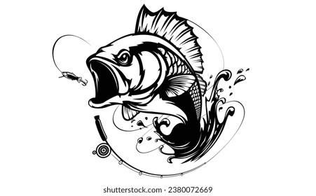 Fishing bass logo. Bass fish with rod club emblem. Fishing theme illustration. Fish Isolated on white.