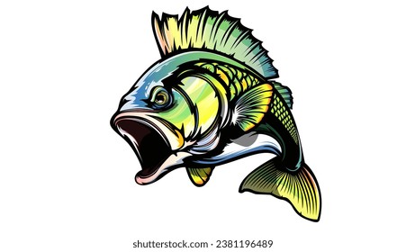 Fishing bass logo. Bass fish with rod club emblem. Fishing theme illustration. Fish Isolated on white.