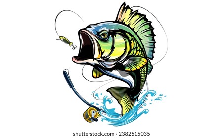 Fishing bass logo. Bass fish with rod club emblem. Fishing theme illustration. Fish Isolated on white.