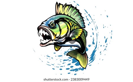 Logo de la lubina pesquera. Pescado trasero con emblema de la barra. Ilustración del tema de la pesca. Pescado aislado en blanco.