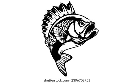 Fishing bass logo. Bass fish with rod club emblem. Fishing theme illustration. Fish Isolated on white.