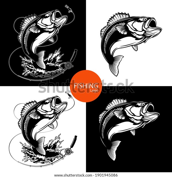 Fishing bass logo.\
Bass fish with rod club emblem. Fishing theme illustration. Fish\
Isolated on white.