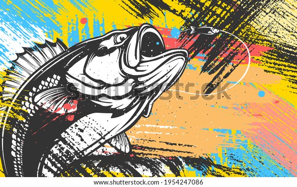 Fishing bass logo.\
Bass fish with rod club emblem. Fishing theme illustration. Fish\
Isolated on white.