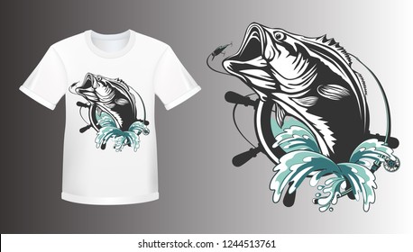 Fishing bass shirt mockup logo. Bass fish with rod club emblem. Fishing theme illustration. Fish Isolated on white.