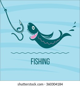 Fishing. Big fish and fishing hook with a worm. Vector illustration, logo.