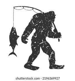 Fishing Bigfoot Illustration Clip Art Design Shape. Sasquatch Silhouette Icon Vector.