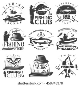 Fishing black emblem set with fishing tackle fishing club fishing store descriptions vector illustration