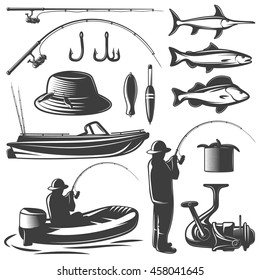 Fishing black isolated icon set with equipment of fisherman and his catch vector illustration