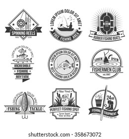 Fishing black white emblems set with fishing club and equipment symbols flat isolated vector illustration 