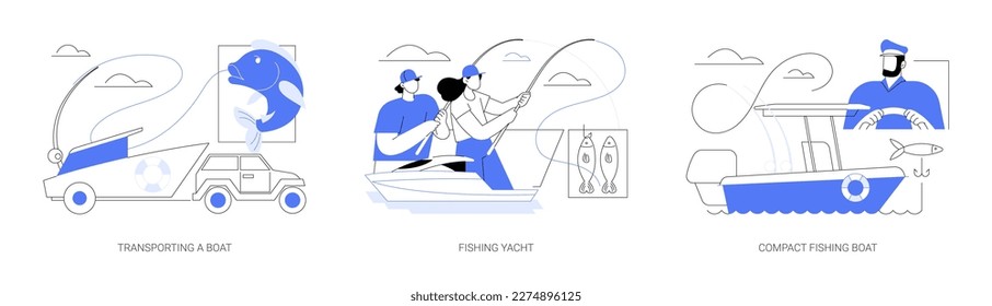 Fishing boat abstract concept vector illustration set. Transporting a boat with trailer, fishing yacht, personal vessel, sailing activity, hobby and recreation, water transport abstract metaphor.