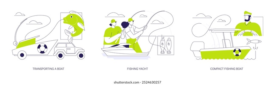 Fishing boat abstract concept vector illustration set. Transporting a boat with trailer, fishing yacht, personal vessel, sailing activity, hobby and recreation, water transport abstract metaphor.