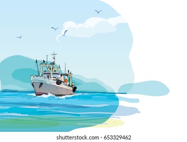 Fishing boat against the shore. Hand drawn colored sketch illustration