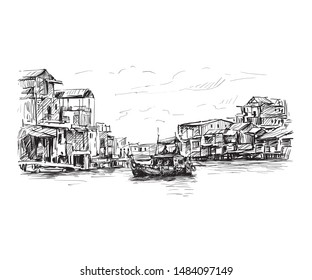 A Fishing boat is along the river surrounded by old house in Vietnam, hand draw sketch 