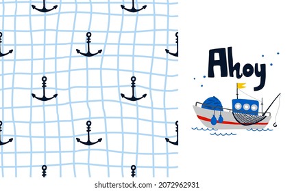 Fishing boat and anchor seamless pattern. Kids marine element on cage, sea and ocean childish collection. Boy t-shirt print or poster. Decor textile, wrapping paper wallpaper, vector print or fabric