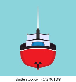 Fishing boat back view vector icon. Sea ship water marine vessel transport isolated. Sail flat commercial cartoon offshore tanker