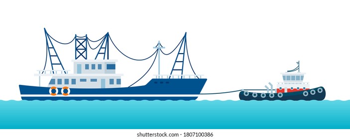 Das Fischerboot wird von einem Schleppboot auf der Wellen Vektorgrafik in einem flachen Design gezogen.