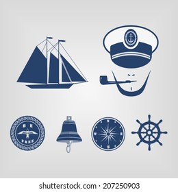Fishing boat and captain icons vector set