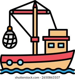 Cartoon de barco de pesca com rede e guindaste isolado