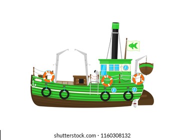 Fishing boat. Cartoon retro fishing boat on the white background. Side view. Flat vector.