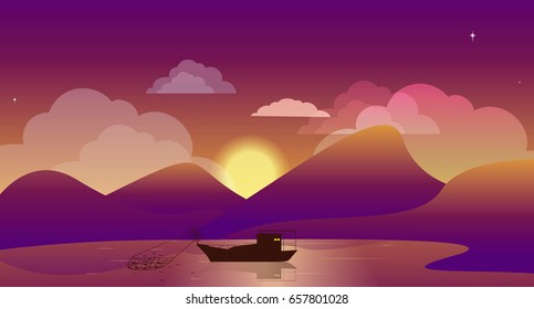 Fishing boat catches a fish at sunset. Vector