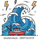 Fishing Boat Caught in a Storm with Giant Waves and Lightning