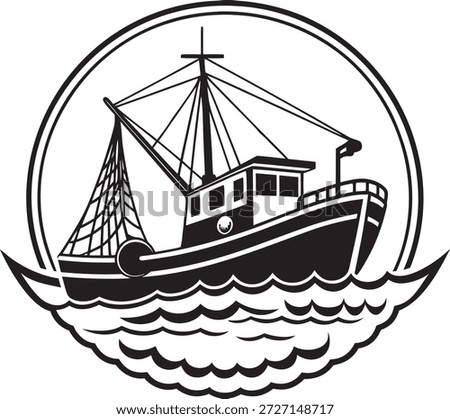 Fishing boat in a circle black white