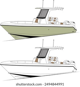 Fishing boat color printable design, vector art, line art and illustration