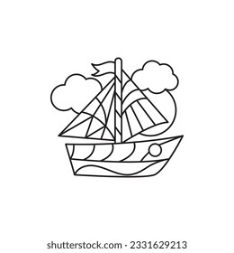 Fishing boat coloring page. Contour vector illustration for kids coloring book, isolated on white background.