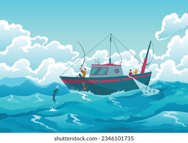 Fishing boat. Commercial fishing industry, ship in ocean. Banner with watercraft or motor boat for fishing industry and fishermen characters. Seascape with fishermen on fishing boat with nets