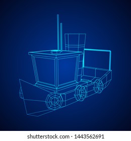 Fishing boat. Commercial fishing trawler for industrial seafood production. Vintage marine ship, sea or ocean transportation concept. Wireframe low poly mesh vector illustration